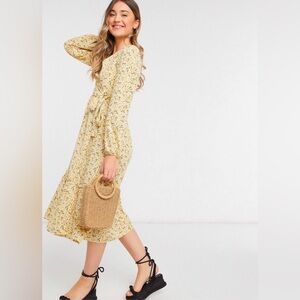 Monki Martina ditsy floral wrap midi dress in mustard